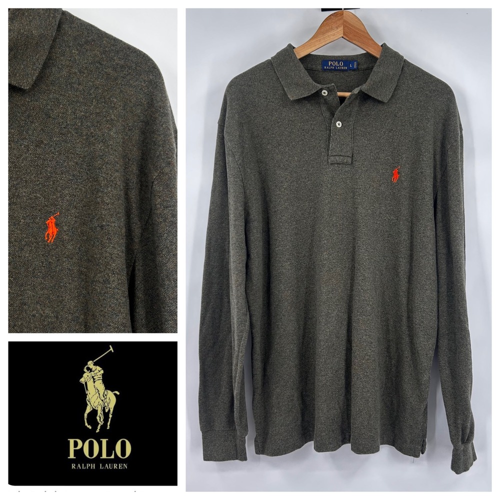 Polo Ralph Lauren Long Sleeve Polo Shirt Green Orange Pony Logo Size L